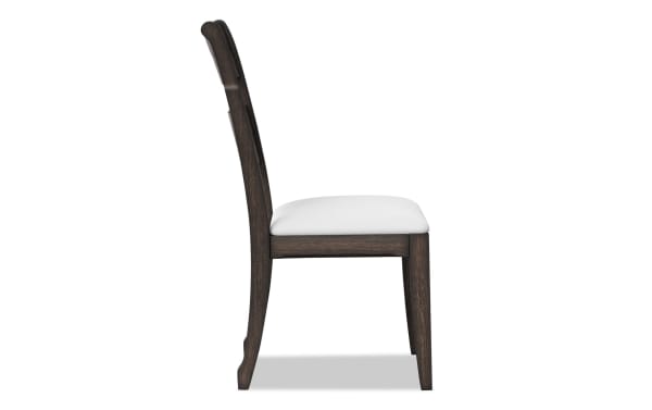 Bridgeport Espresso Ladder Back Desk Chair in white polyester fabric with dark rubberwood solids frame, featuring a curved ladder back and cushioned seat.