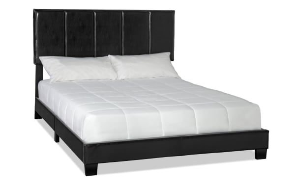 Hailey Queen Black Upholstered Panel Bed with PVC upholstery and wood frame, featuring a sleek black transitional design and compact packaging for easy assembly.