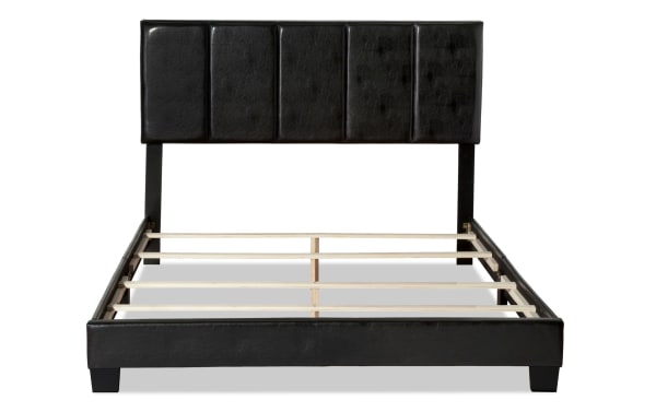 Hailey Queen Black Upholstered Panel Bed with black PVC upholstery and wood frame, featuring a sleek transitional design and easy assembly.