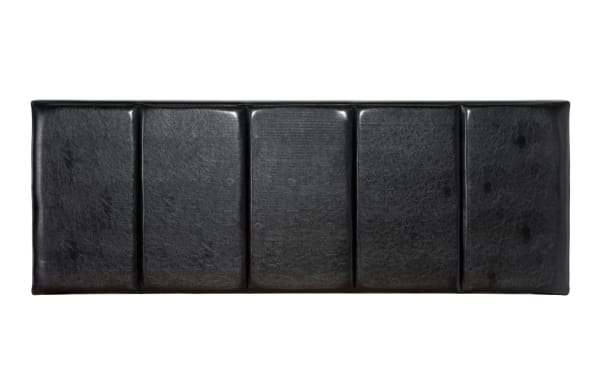 Hailey Queen Black Upholstered Panel Bed headboard in black PVC and wood, transitional style, featuring five vertical padded panels for a sleek, modern look.
