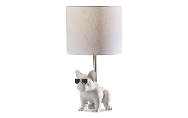 Too Cool Dog White Table Lamp features a white resin bulldog base wearing sunglasses with a white fabric drum shade, transitional style.