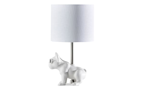 Too Cool Dog White Table Lamp features a white resin dog-shaped base with fabric drum shade, compact transitional style for small spaces.