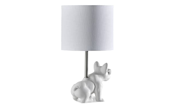 Too Cool Dog White Table Lamp with resin dog-shaped base and white fabric shade, compact transitional style lighting for small spaces.
