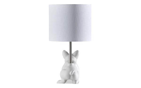 Too Cool Dog White Table Lamp with white fabric shade and resin dog-shaped base in transitional style, compact for small spaces.