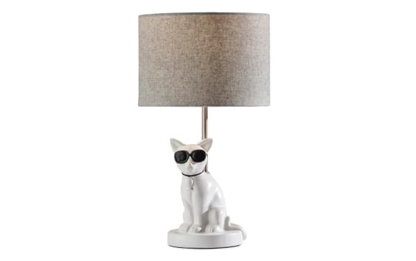 Too Cool Cat White Table Lamp with gray fabric shade, resin cat-shaped base, compact design, transitional style, from the Too collection.