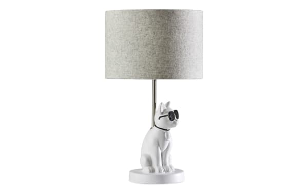 Too Cool Cat White Table Lamp with gray fabric drum shade, resin cat-shaped base wearing sunglasses, transitional style for small spaces.