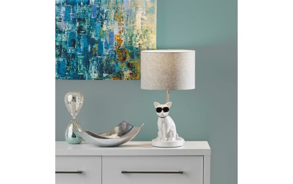Too Cool Cat White Table Lamp with gray fabric shade and white resin cat base wearing sunglasses, compact transitional style for small spaces