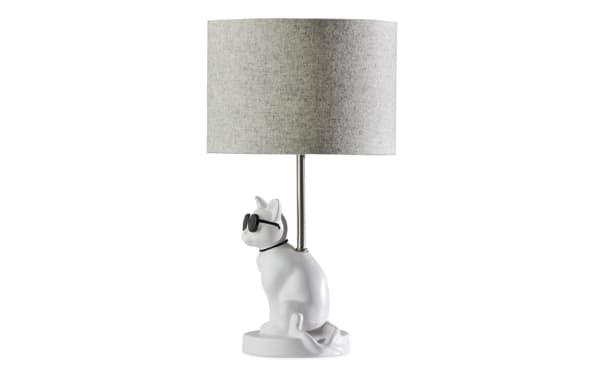 Too Cool Cat White Table Lamp with gray fabric shade, resin cat-shaped base wearing sunglasses, compact transitional style lighting.