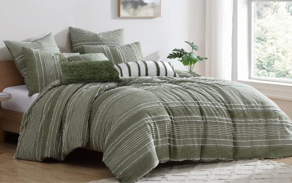 Venus Queen Green Striped Reversible 8 Piece Comforter Set in cotton fabric with woven stripes, clipped yarn texture, and three decorative pillows.