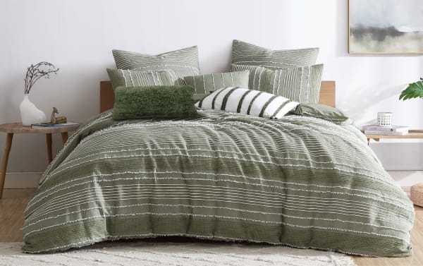 Venus Queen Green Striped Reversible 8 Piece Comforter Set in cotton with woven stripes, clipped yarn, and decorative pillows in transitional style.