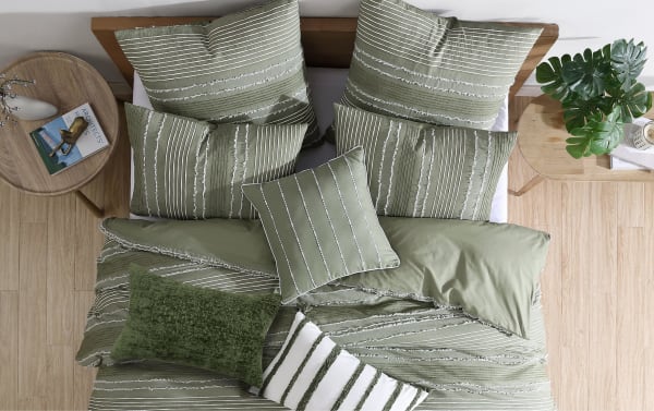 Venus Queen Green Striped Reversible 8 Piece Comforter Set in cotton fabric with woven stripes, clipped yarn texture, and three decorative pillows in transitional style.