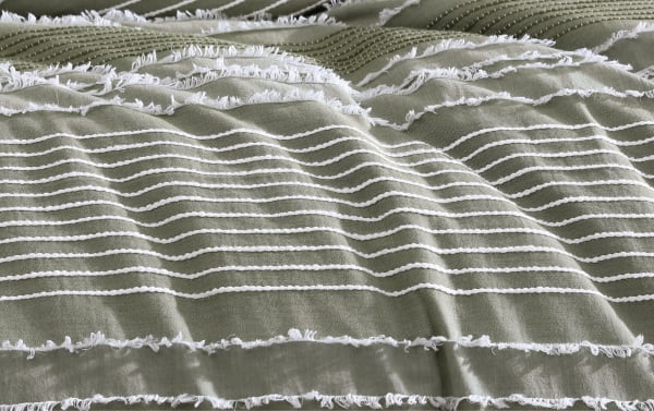 Venus Queen Green Striped Reversible 8 Piece Comforter Set in cotton fabric with green base, white woven stripes, and clipped yarn texture.