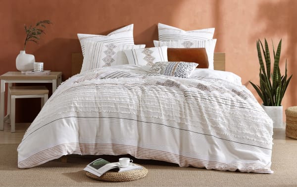 Saffron King White Striped 8 Piece Comforter Set in white cotton with charcoal and orange jacquard stripes, clipped floating yarns, and decorative pillows in transitional style.