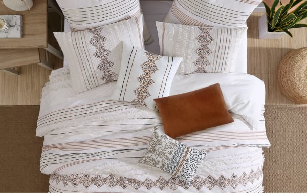Saffron King White Striped 8 Piece Comforter Set in cotton with white, charcoal, and orange stripes, jacquard pattern, and decorative pillows in transitional style.