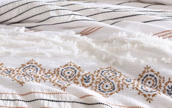 White cotton Saffron King White Striped 8 Piece Comforter Set with charcoal and orange jacquard patterns, clipped floating yarns, and fringed edges in transitional style.