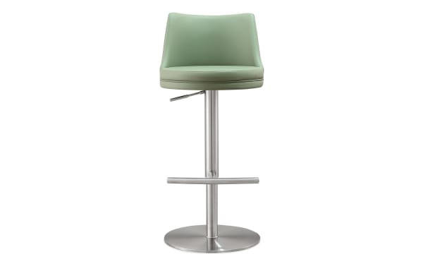 Walcott Green Solid Back Bar Height Adjustable Stool in seafoam faux leather with stainless steel frame, footrest, and modern contemporary design.