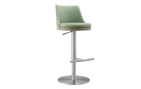 Walcott Green solid back bar height adjustable stool in seafoam faux leather with stainless steel frame and footrest, contemporary style.