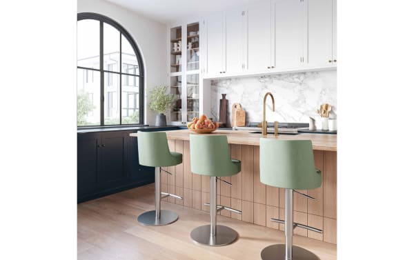 Contemporary Walcott Green seafoam solid back bar height adjustable stool with stainless steel frame, faux leather upholstery, and footrest.