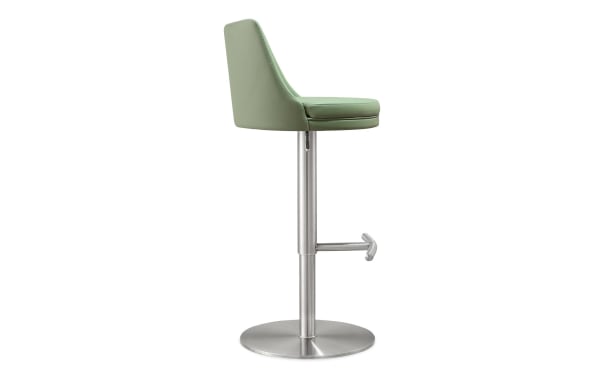 Walcott Green seafoam faux leather bar height stool with solid back, adjustable stainless steel frame, and footrest in contemporary style.