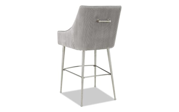 Giselle Light Gray Solid Back Counter Height Stool with plush velvet upholstery, stainless steel legs, and a sleek back handle in contemporary style.