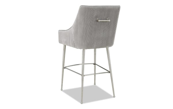 Giselle Light Gray Solid Back Bar Height Stool with soft velvet upholstery, stainless steel legs, and a matching back handle in contemporary style.