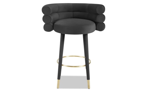 Marne Black Upholstered Bar Height Stool with black velvet fabric, birch legs, brass footrest, and contemporary cylindrical backrest design.