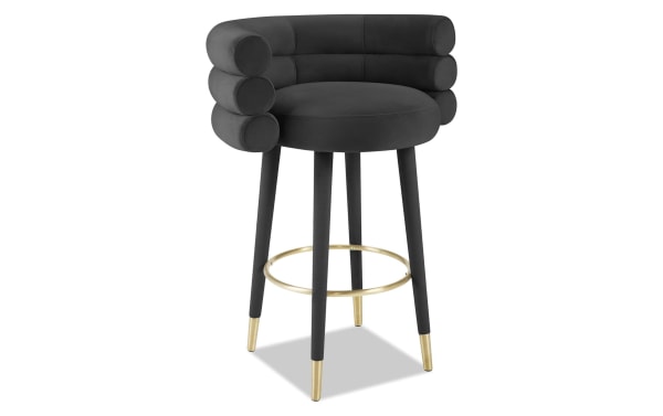 Marne Black Upholstered Bar Height Stool with plush velvet fabric, birch legs, brass footrest, and contemporary round backrest design.