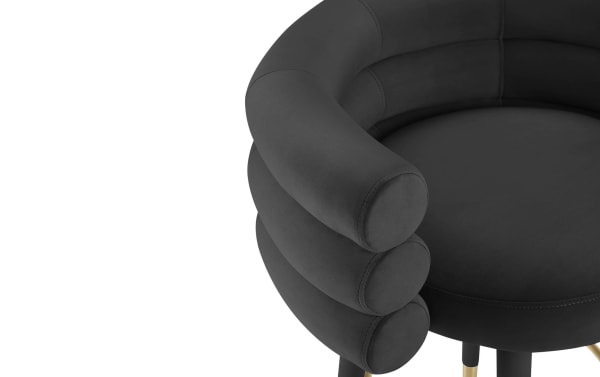 Contemporary Marne Black Upholstered Bar Height Stool with plush black velvet fabric, curved supportive backrest, and birch frame for stylish comfort.