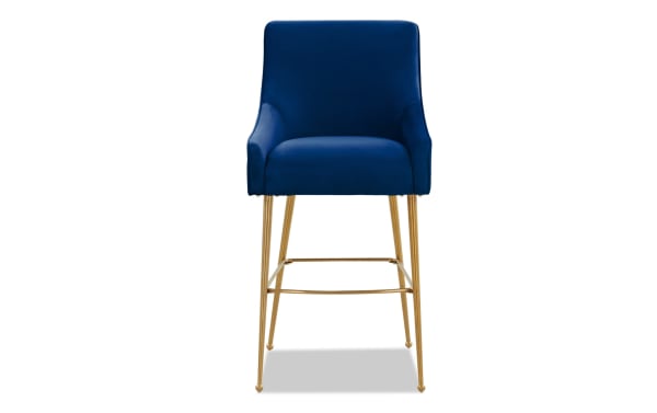 Giselle Navy Solid Back Counter Height Stool with plush navy velvet upholstery, gold stainless steel legs, and contemporary design.