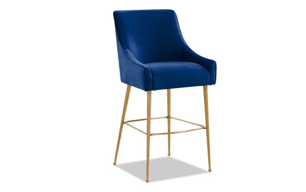 Giselle Navy Solid Back Counter Height Stool with plush navy velvet upholstery, gold stainless steel legs, and a contemporary solid back design.