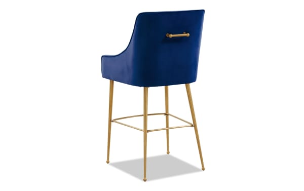 Giselle Navy Solid Back Counter Height Stool with plush navy velvet upholstery, gold stainless steel legs, and matching back handle in contemporary style.