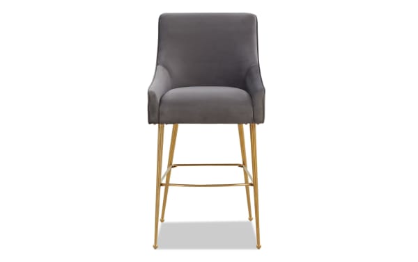 Giselle Dark Gray Solid Back Bar Height Stool with velvet upholstery, gold stainless steel legs, and a contemporary design for luxe seating.