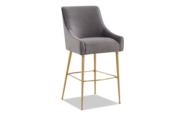 Giselle Dark Gray Solid Back Bar Height Stool with soft velvet upholstery, gold stainless steel legs, and contemporary style for luxe seating.
