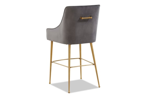 Giselle Dark Gray Solid Back Bar Height Stool with soft velvet upholstery, gold stainless steel legs, and a matching gold handle in contemporary style.