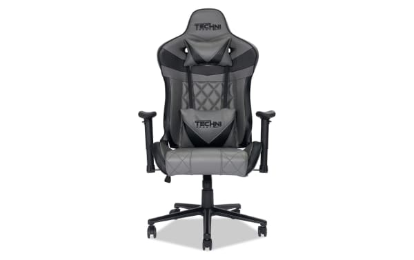 Thomas Ergonomic Gray Gaming Chair by Techni Sport with gray polyurethane upholstery, memory foam cushions, lumbar and neck support, steel frame, and adjustable armrests for enhanced gaming comfort.