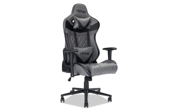 Thomas Ergonomic Gray Gaming Chair by Techni Sport in gray and black polyurethane with memory foam lumbar and neck support, steel frame, and adjustable armrests.