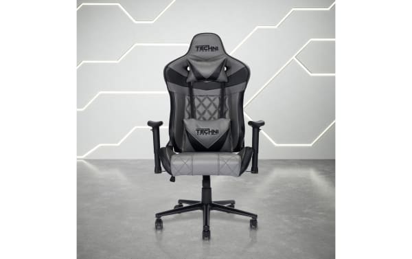 Thomas Ergonomic Gray Gaming Chair by Techni Sport with gray and black polyurethane upholstery, steel frame, memory foam cushions, lumbar and neck support, and adjustable armrests. Contemporary style, tall and roomy seat designed for total gaming comfort.
