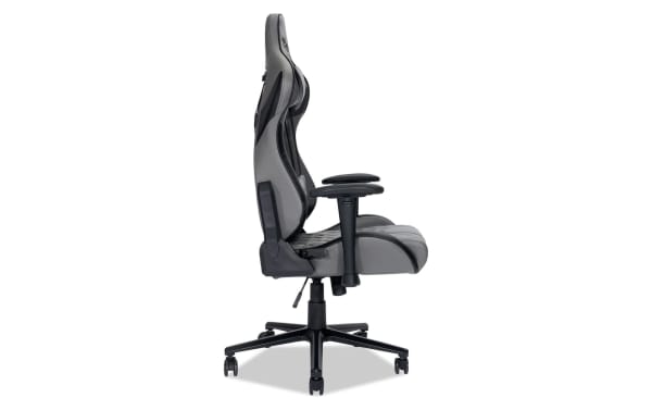 Thomas Ergonomic Gray Gaming Chair in gray and black polyurethane with memory foam padding, steel frame, tall backrest, lumbar and neck support, adjustable armrests, and a contemporary design for enhanced gaming comfort.