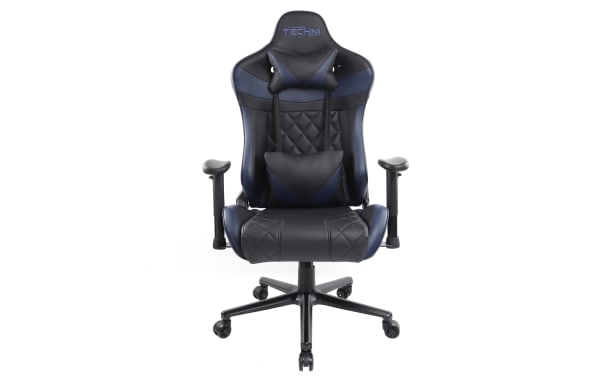 Thomas Ergonomic Blue Gaming Chair with black and blue polyurethane upholstery, memory foam cushions, steel frame, lumbar and neck support, contemporary style.