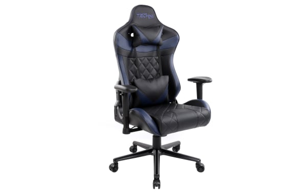 Thomas Ergonomic Blue Gaming Chair with blue and black polyurethane upholstery, memory foam cushions, steel frame, lumbar and neck support, and adjustable armrests.