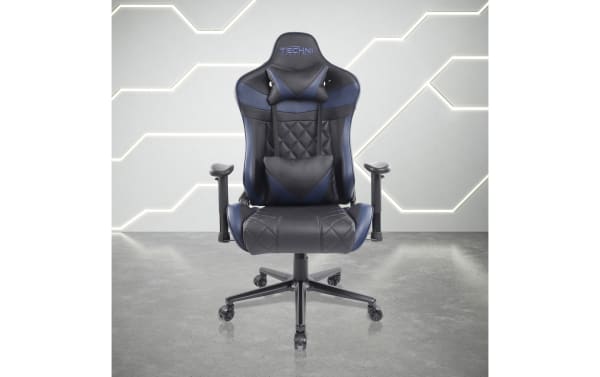 Thomas Ergonomic Blue Gaming Chair by Techni Sport, contemporary blue and black polyurethane upholstery with memory foam, steel frame, lumbar and neck support, tall roomy seat for total gaming comfort.