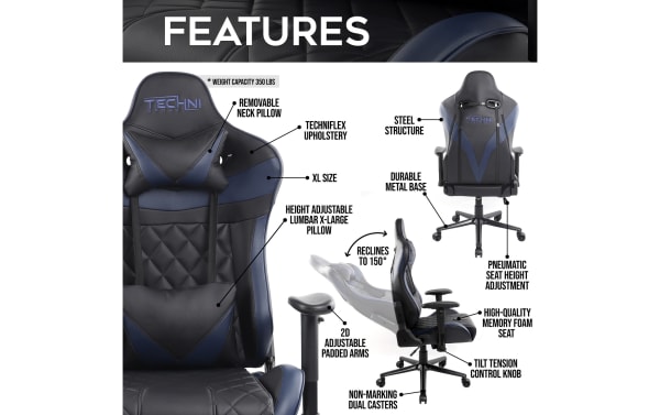 Thomas Ergonomic Blue Gaming Chair by Techni Sport features blue and black polyurethane upholstery, steel frame, memory foam seat, XL size, adjustable lumbar and neck pillows, 2D adjustable padded arms, pneumatic height adjustment, tilt tension control, reclining to 150°, and non-marking dual casters for enhanced gaming comfort.