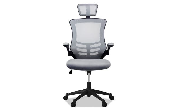 Ambrose Gray Adjustable Swivel Office Chair with breathable gray mesh back, padded flip-up armrests, adjustable headrest, and reclining seat in contemporary polyester and nylon fabric.