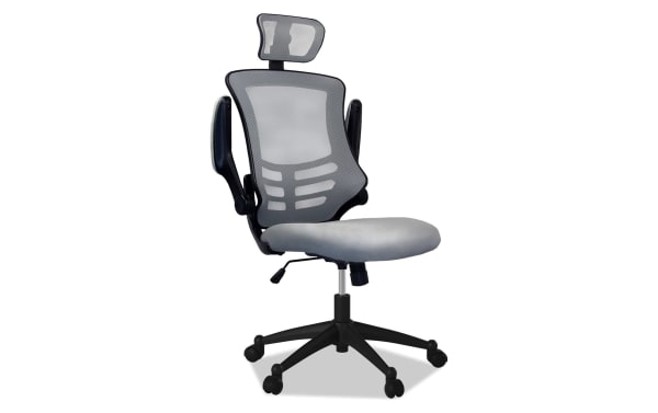 Ambrose Gray Adjustable Swivel Office Chair with breathable gray mesh back, padded flip-up armrests, pivoting headrest, and reclining seat in contemporary style