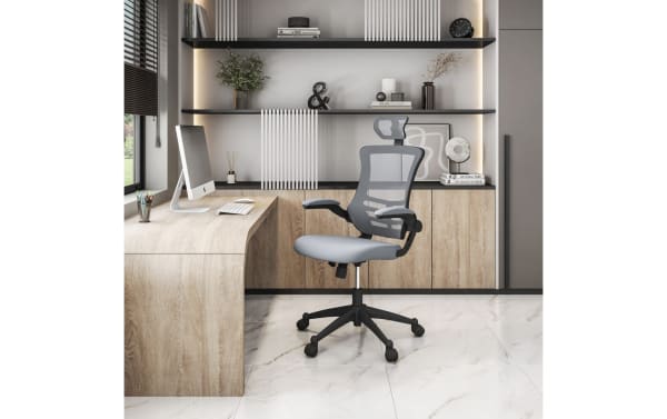 Contemporary Ambrose Gray Adjustable Swivel Office Chair with breathable gray mesh back, padded flip-up armrests, adjustable headrest, and reclining seat. Made with polyester, nylon, and mesh fabric for ergonomic comfort in modern office settings.