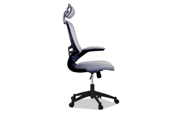Ambrose Gray Adjustable Swivel Office Chair with gray polyester fabric seat, breathable nylon mesh back, padded flip-up armrests, and adjustable headrest. Contemporary ergonomic design with reclining seat and five-wheel base for smooth mobility.