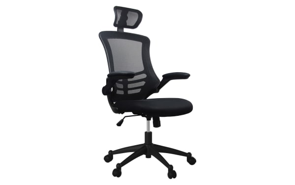 Ambrose Black Adjustable Swivel Office Chair with breathable mesh back, contoured polyester seat, height-adjustable headrest, and padded flip-up armrests.