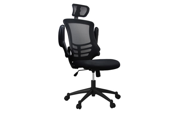 Ambrose Black Adjustable Swivel Office Chair in black polyester fabric and mesh, with height-adjustable headrest, padded flip-up armrests, and nylon base with casters.