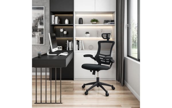 Ambrose Black Adjustable Swivel Office Chair in black polyester fabric and mesh, featuring height-adjustable headrest, padded flip-up armrests, and breathable mesh back.