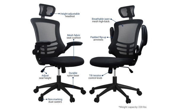 Ambrose Black Adjustable Swivel Office Chair with breathable mesh back, contoured polyester fabric seat, height-adjustable headrest, padded flip-up armrests, and durable nylon base.